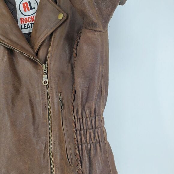 Rocking Leather Motto Style Brown Jacket With Removable Quilted Liner Size 38 - Picture 5 of 13